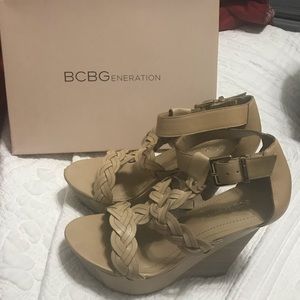 BCBG tan wedges